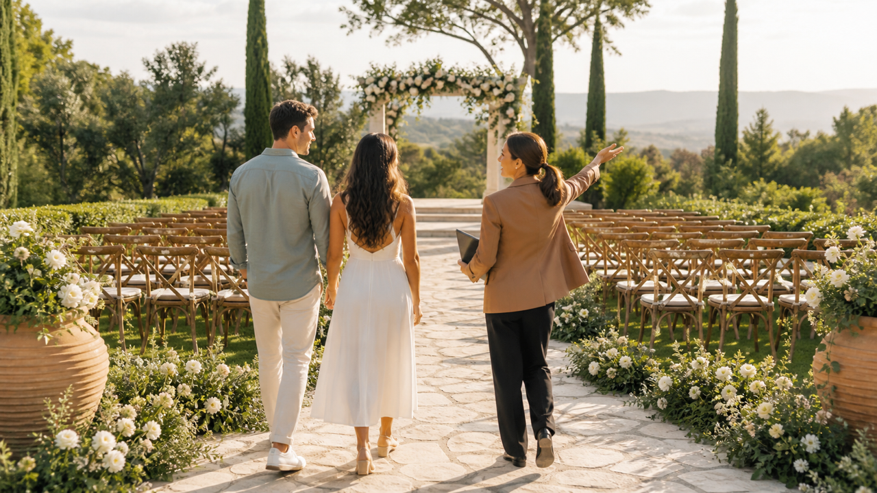 Casal visitando um espaço para casamento com consultor