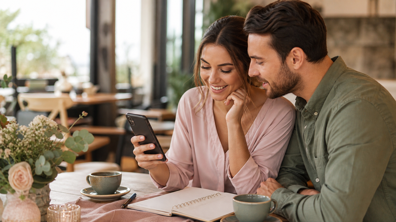 Casal pesquisando espaços para casamento pelo celular