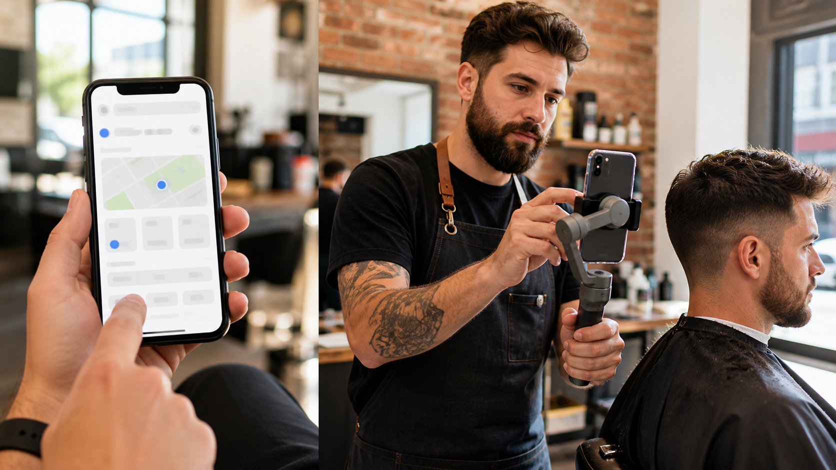 Pesquisa local no celular e criação de vídeo em uma barbearia