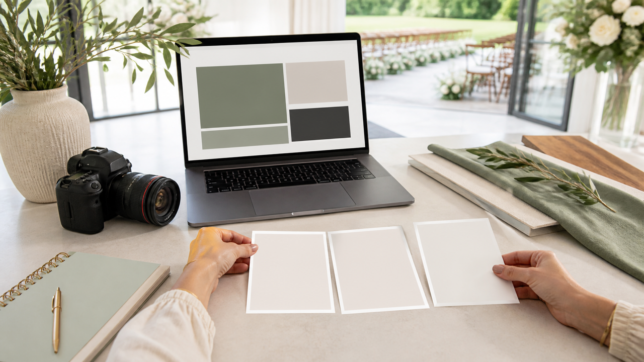 Profissional organizando imagens para campanha de casamento