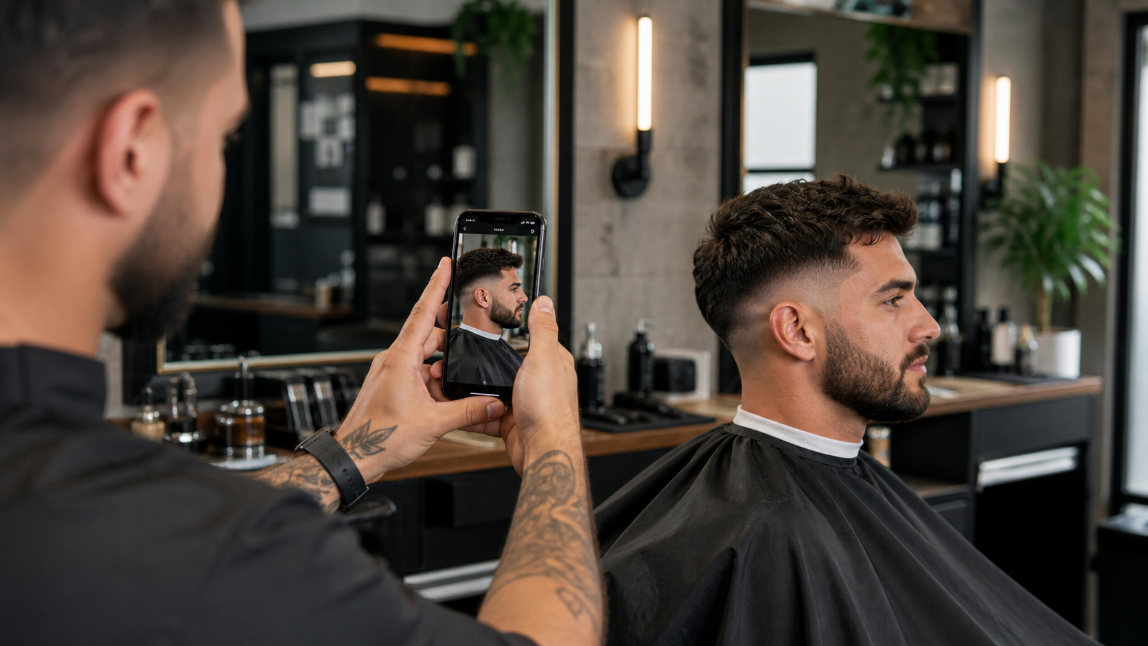 Barbeiro fotografando um corte para divulgação