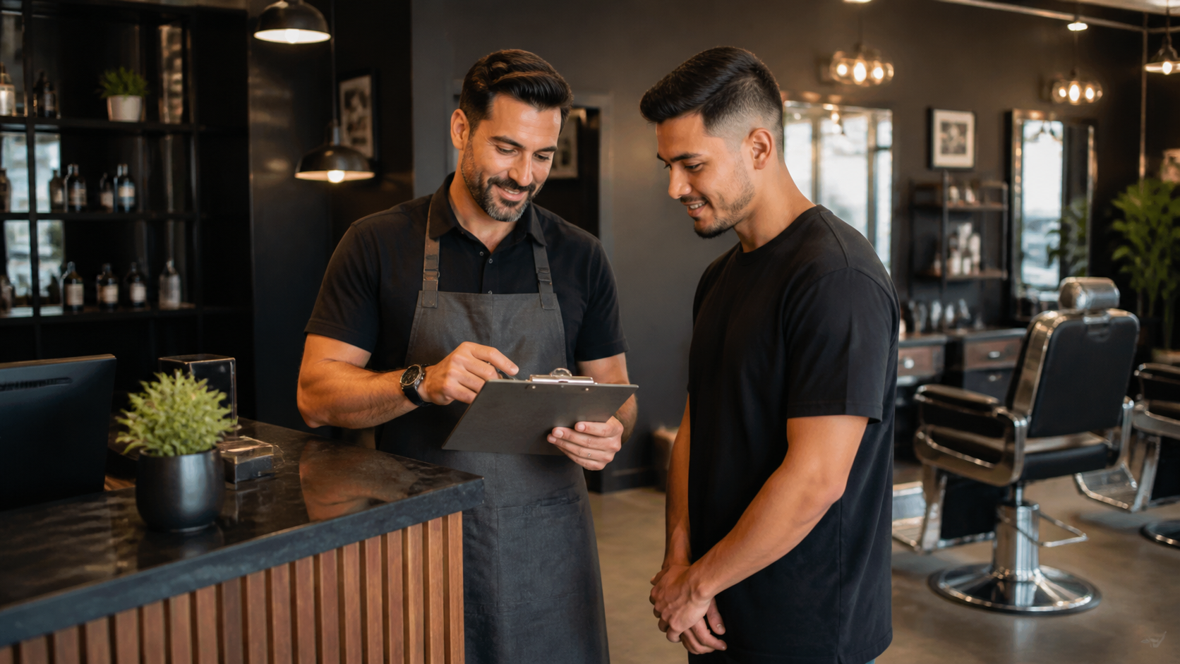 Equipe de barbearia revisando um plano semanal de divulgação