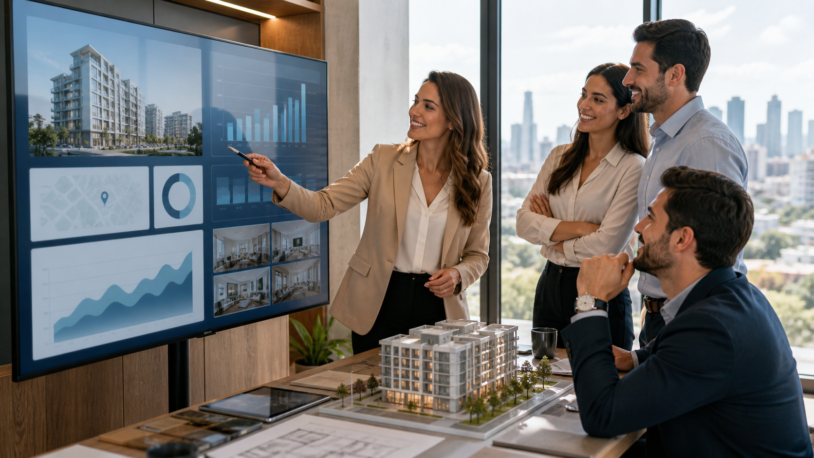 Equipe analisando resultados de marketing imobiliário
