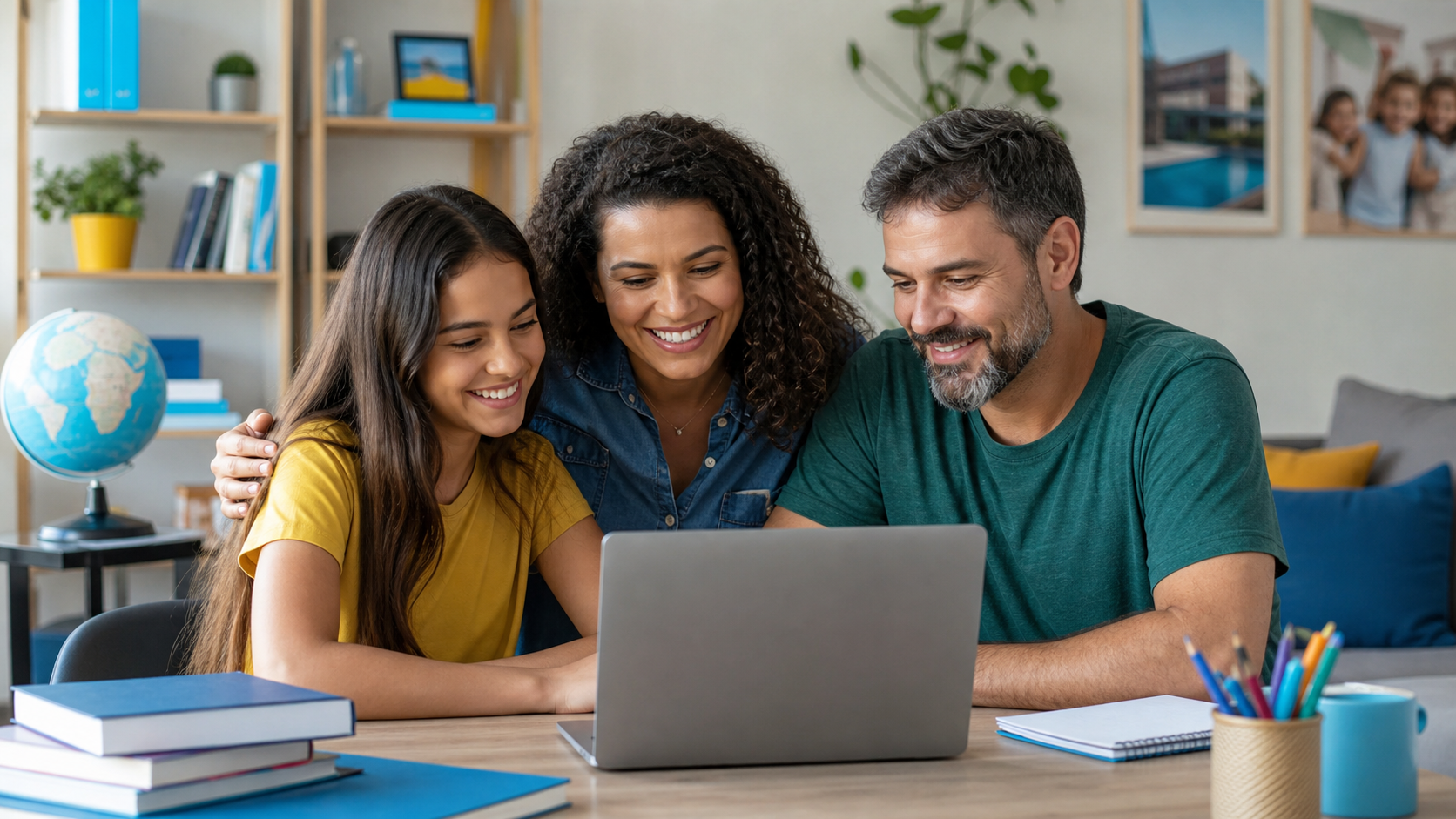 Família pesquisando escolas online
