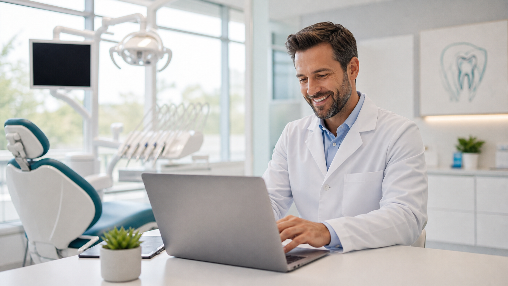 Dentista analisando uma campanha no laptop