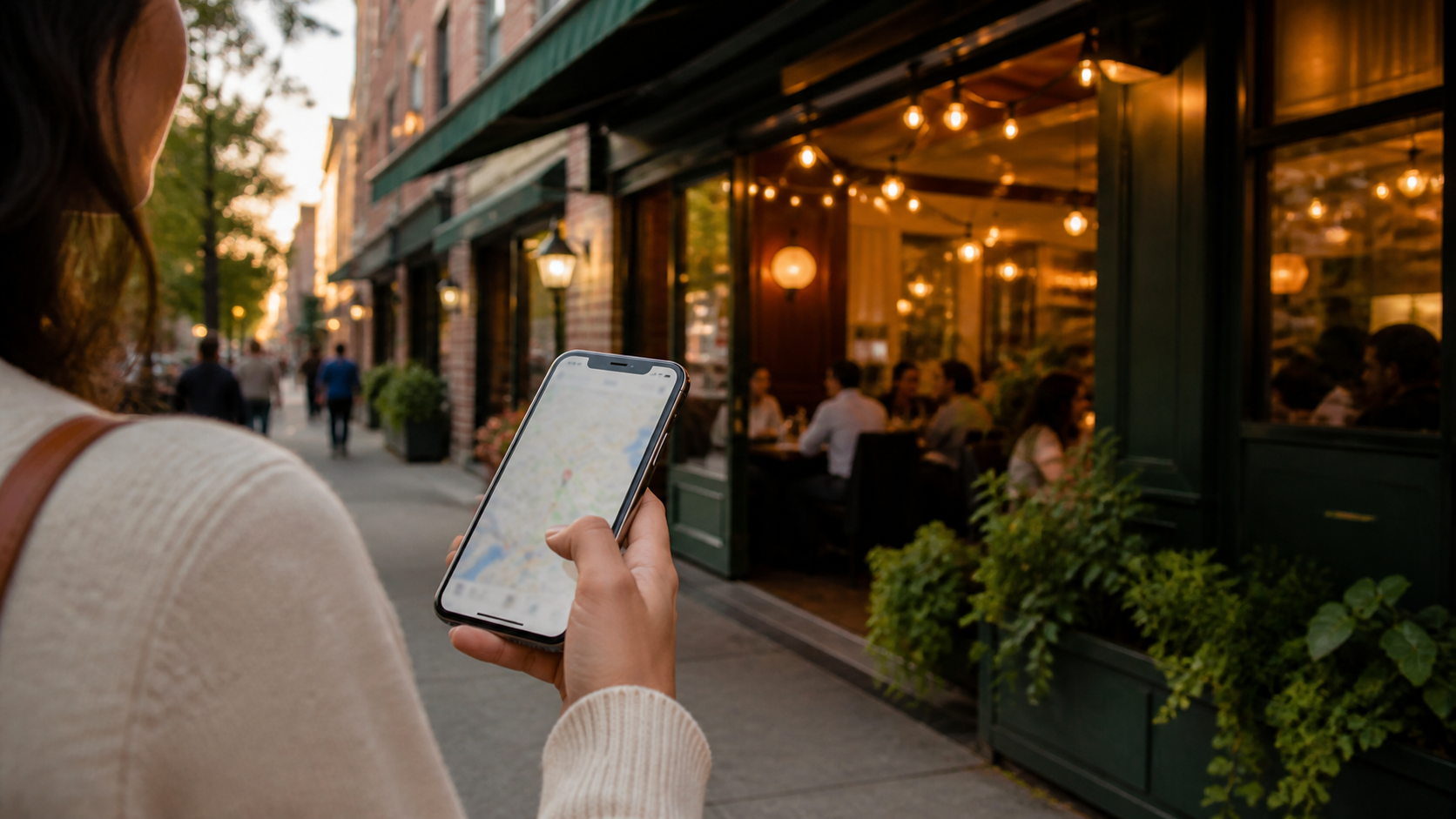 Cliente pesquisando restaurante próximo no celular