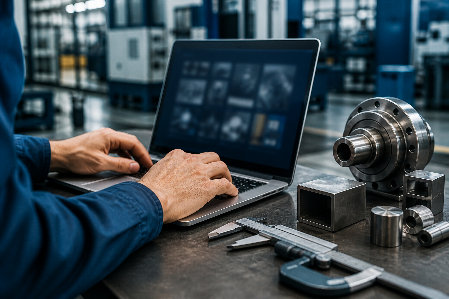 Pesquisa de solução industrial em um laptop