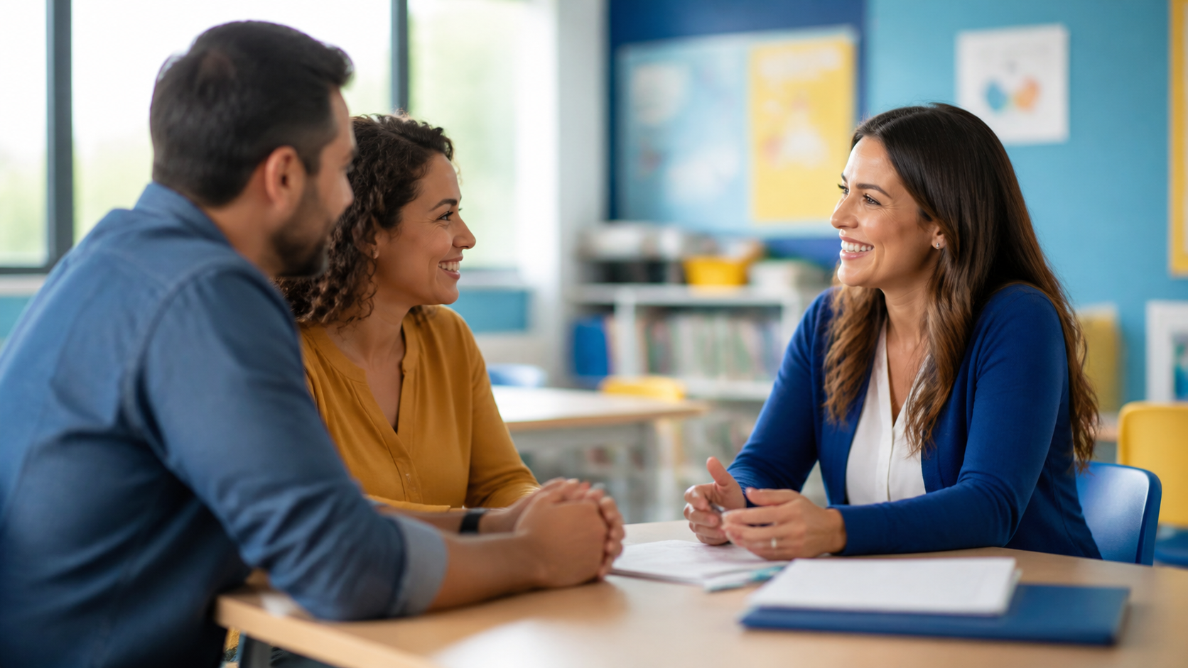 Coordenadora conversando com pais sobre necessidades educacionais