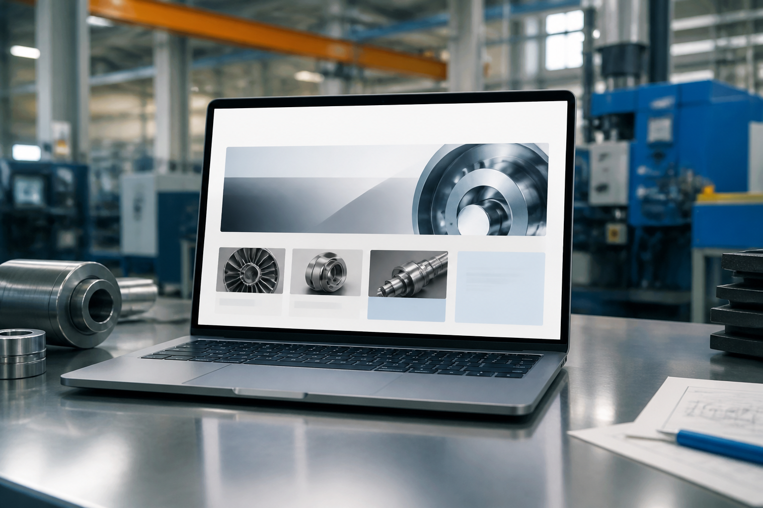 Página de destino digital em uma bancada industrial