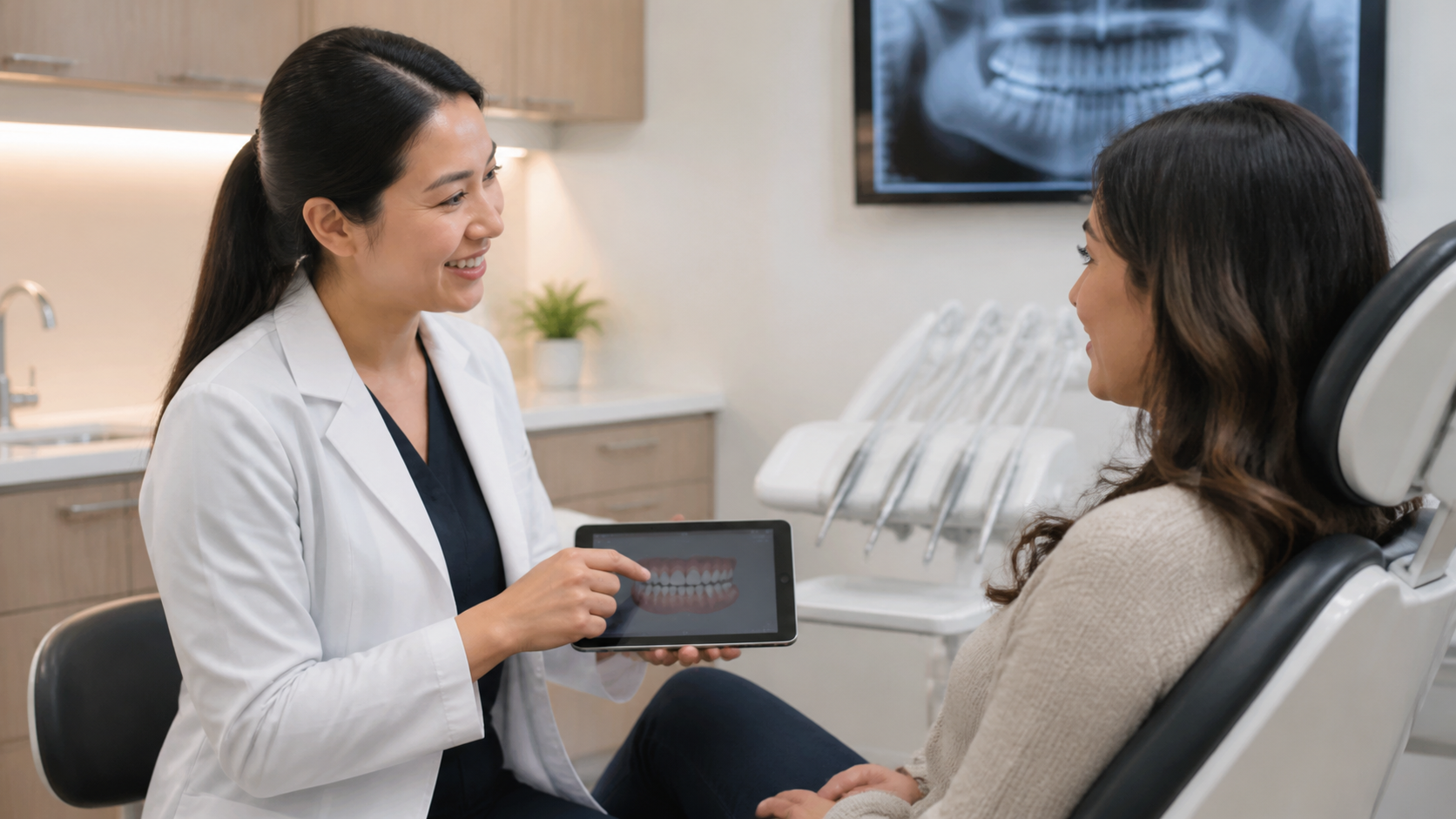Dentista explicando um tratamento ao paciente