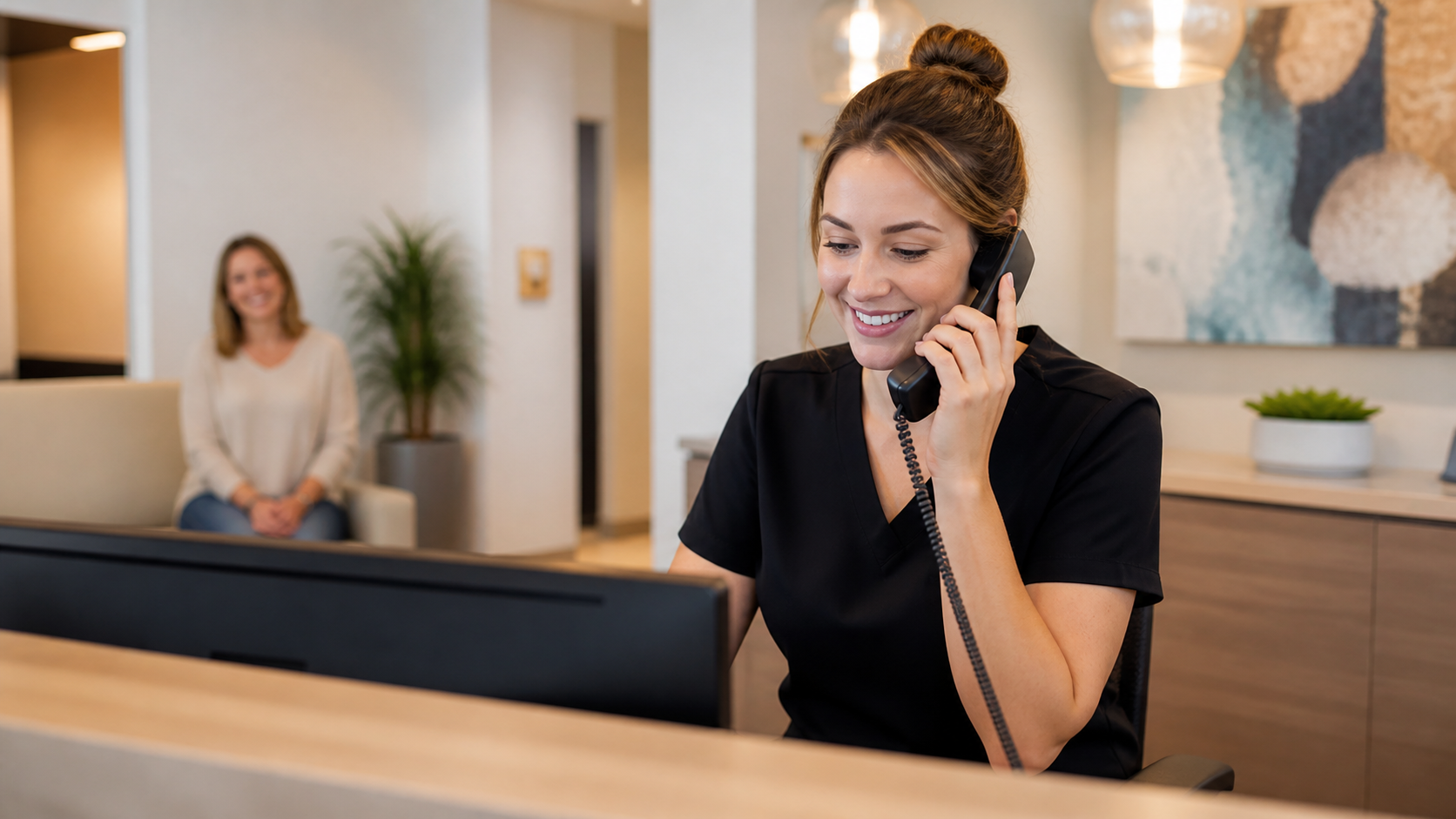Recepcionista atendendo uma ligação na clínica