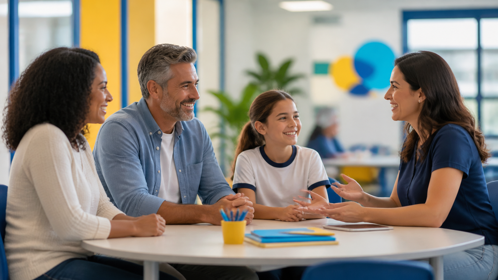Família conversando com educadora em visita à escola