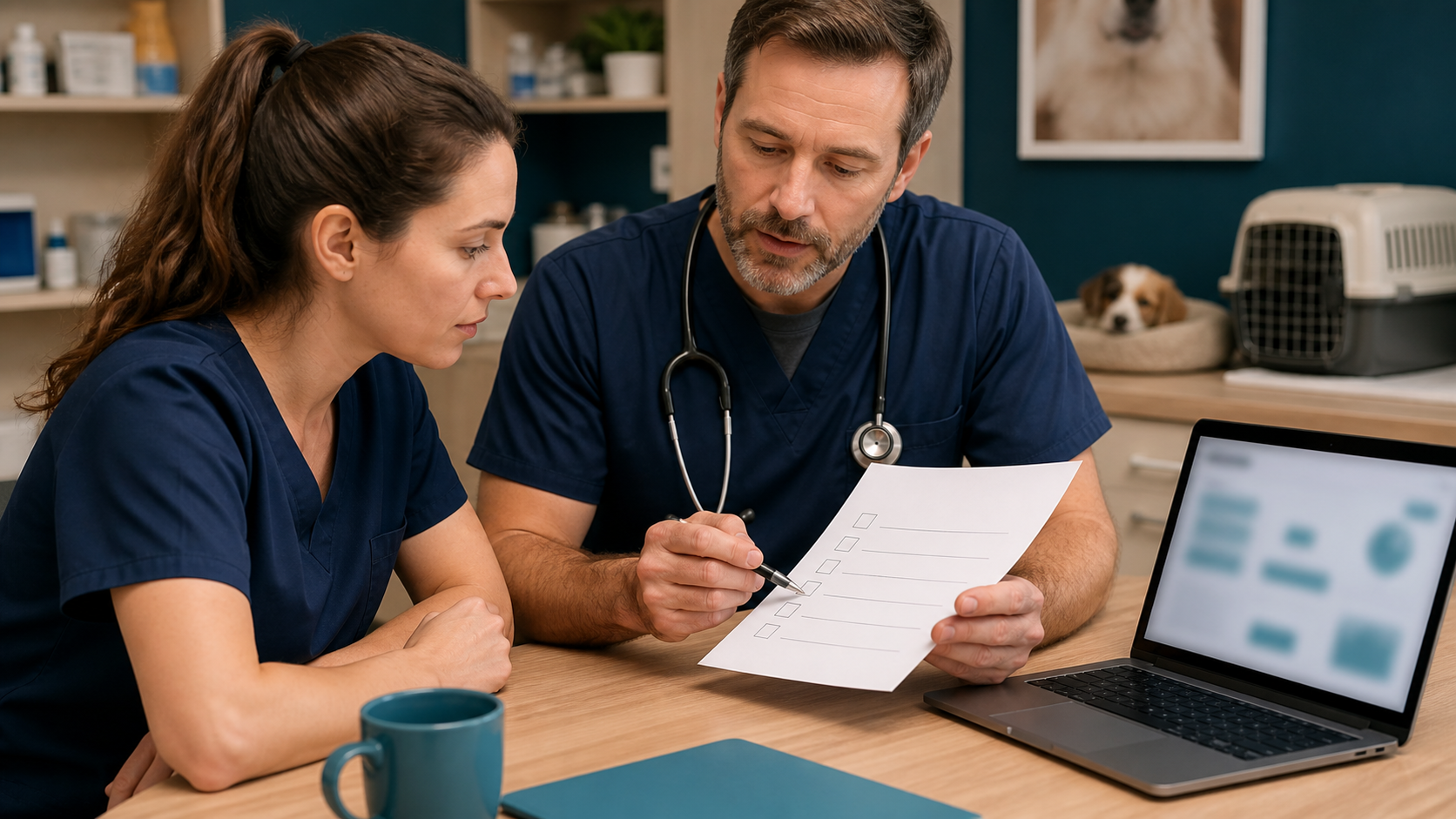 Equipe veterinária analisando contatos e agendamentos