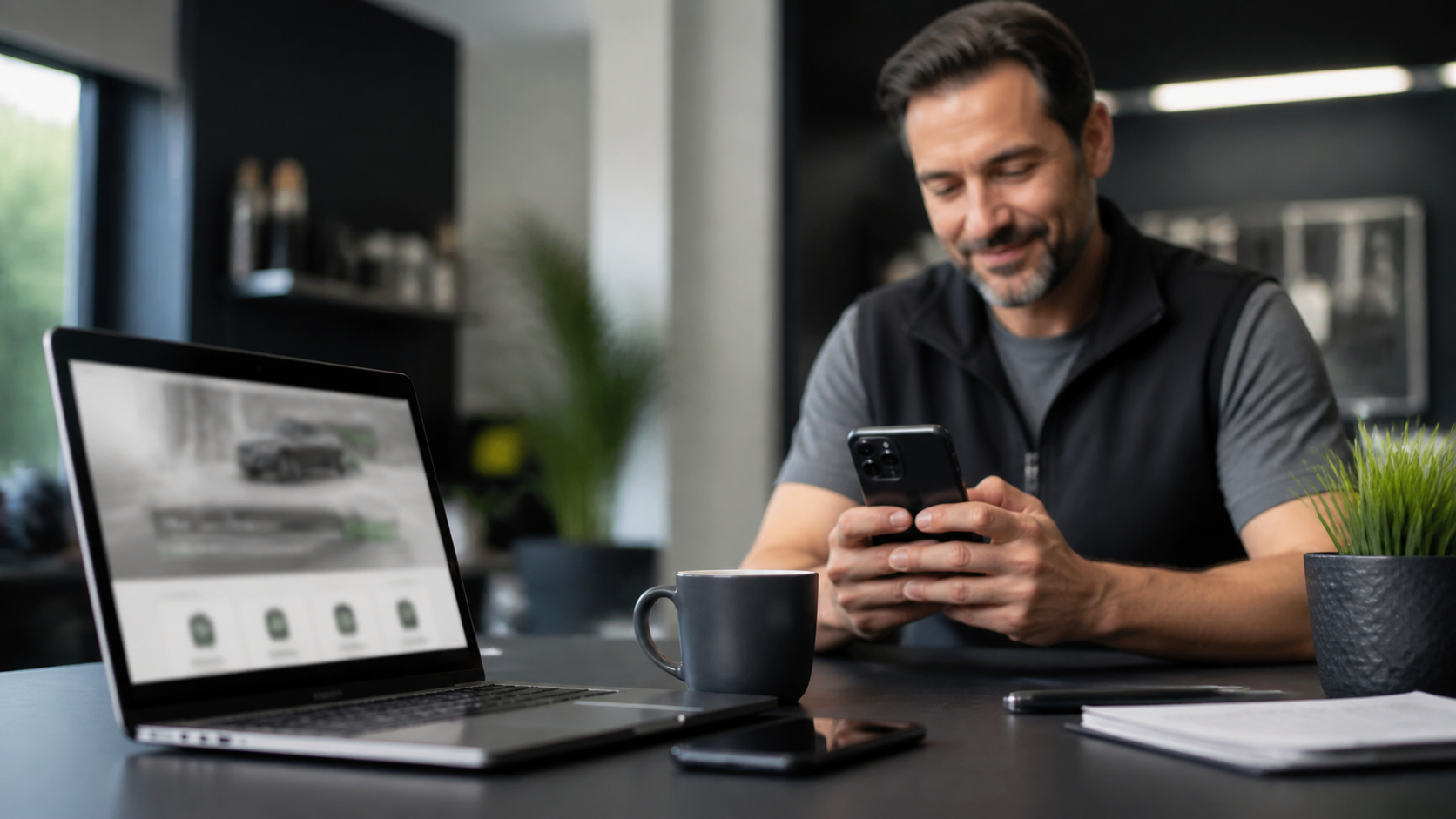 Pesquisa local em smartphone diante de uma oficina