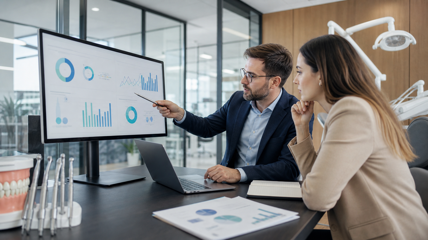 Equipe analisando dados de campanhas para o setor odontológico