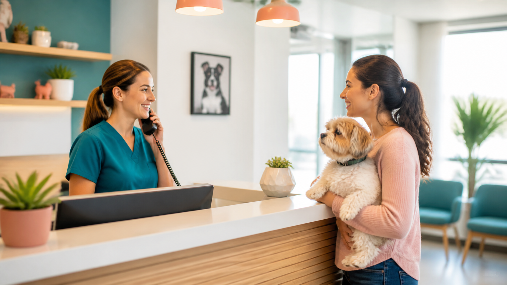 Recepção de clínica veterinária atendendo uma tutora