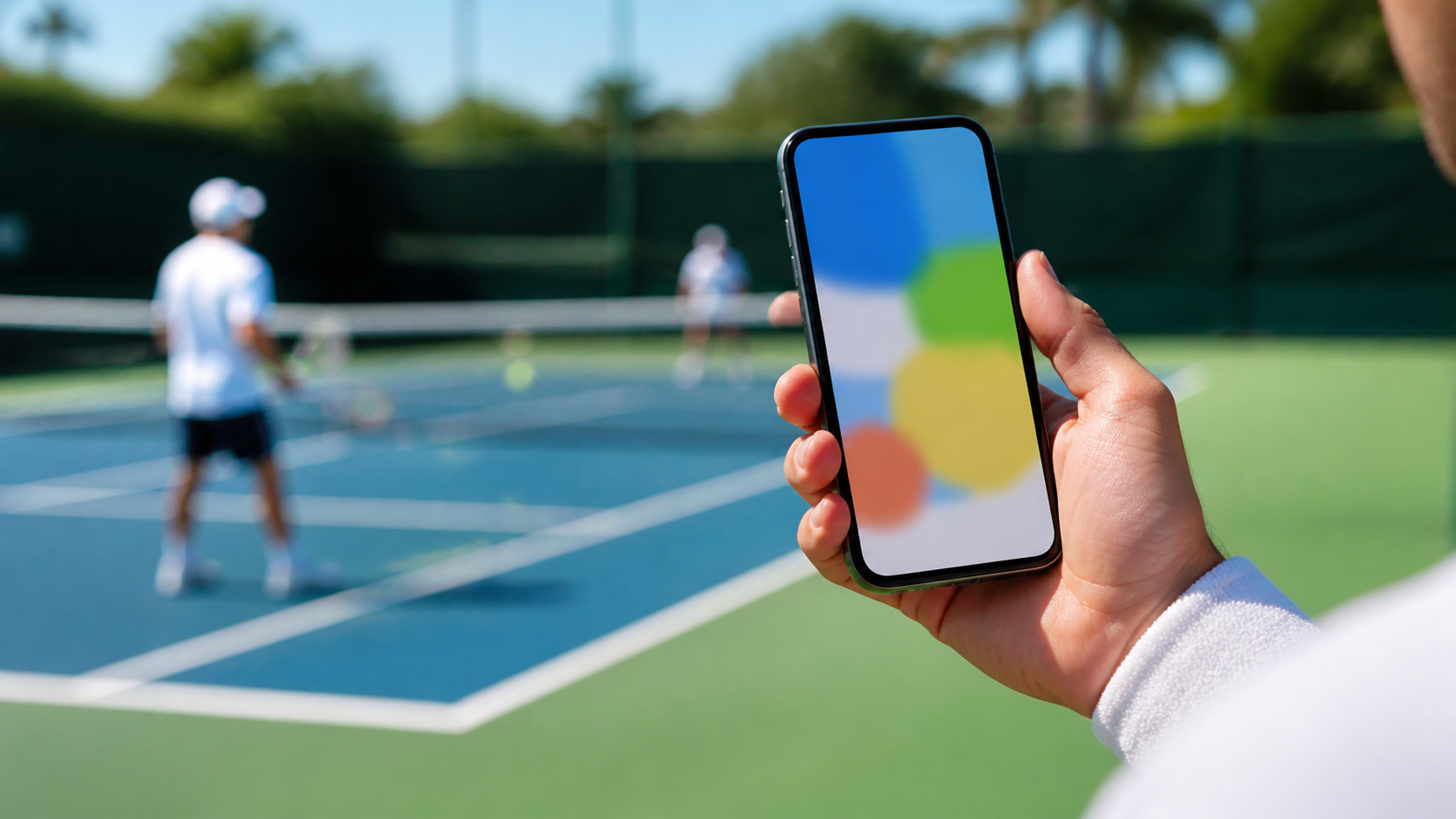 Celular com conceito visual de anúncio para escola de tênis