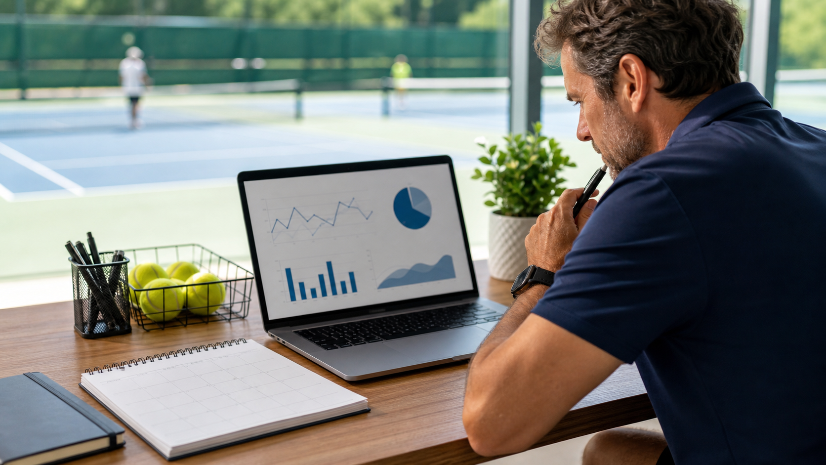 Gestor de escola de tênis analisando resultados de campanha