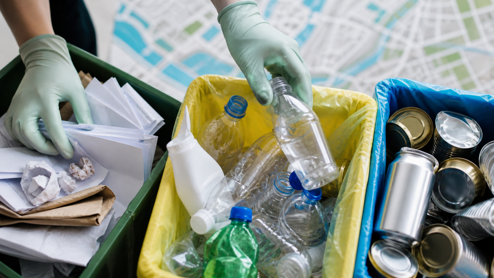 Materiais recicláveis organizados para definir público e palavras-chave