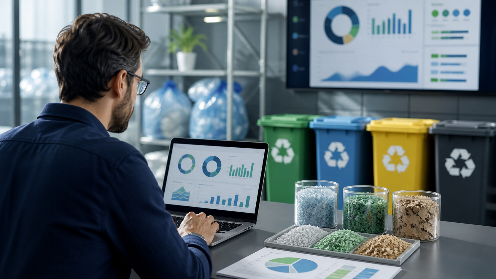 Analista acompanhando métricas de campanha em empresa de reciclagem