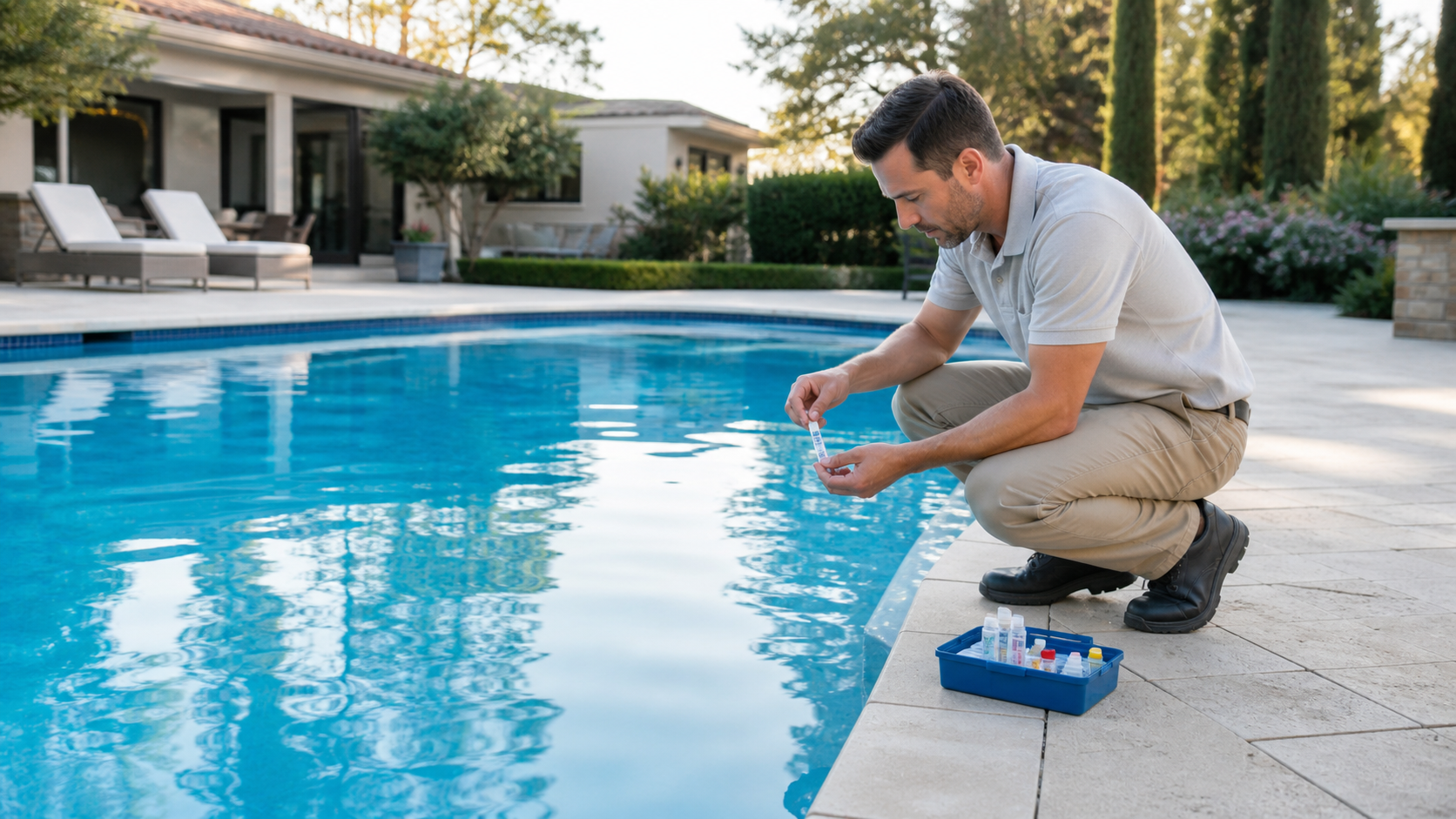 Técnico avaliando a qualidade da água da piscina