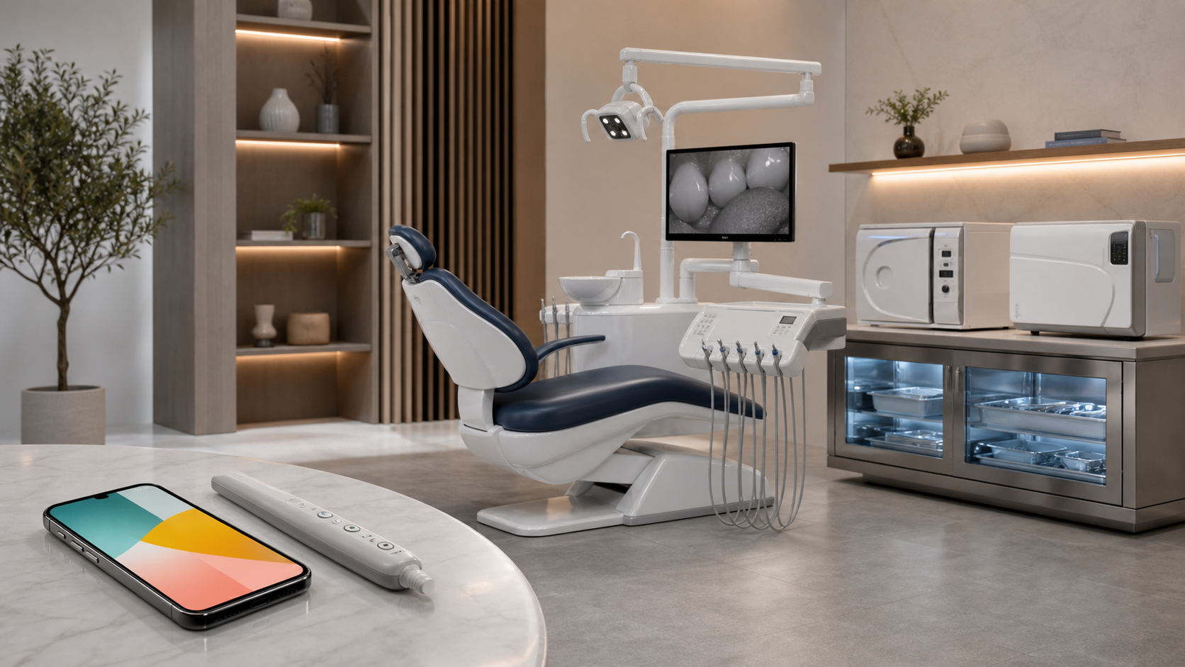 Equipamentos odontológicos apresentados em uma composição de anúncio