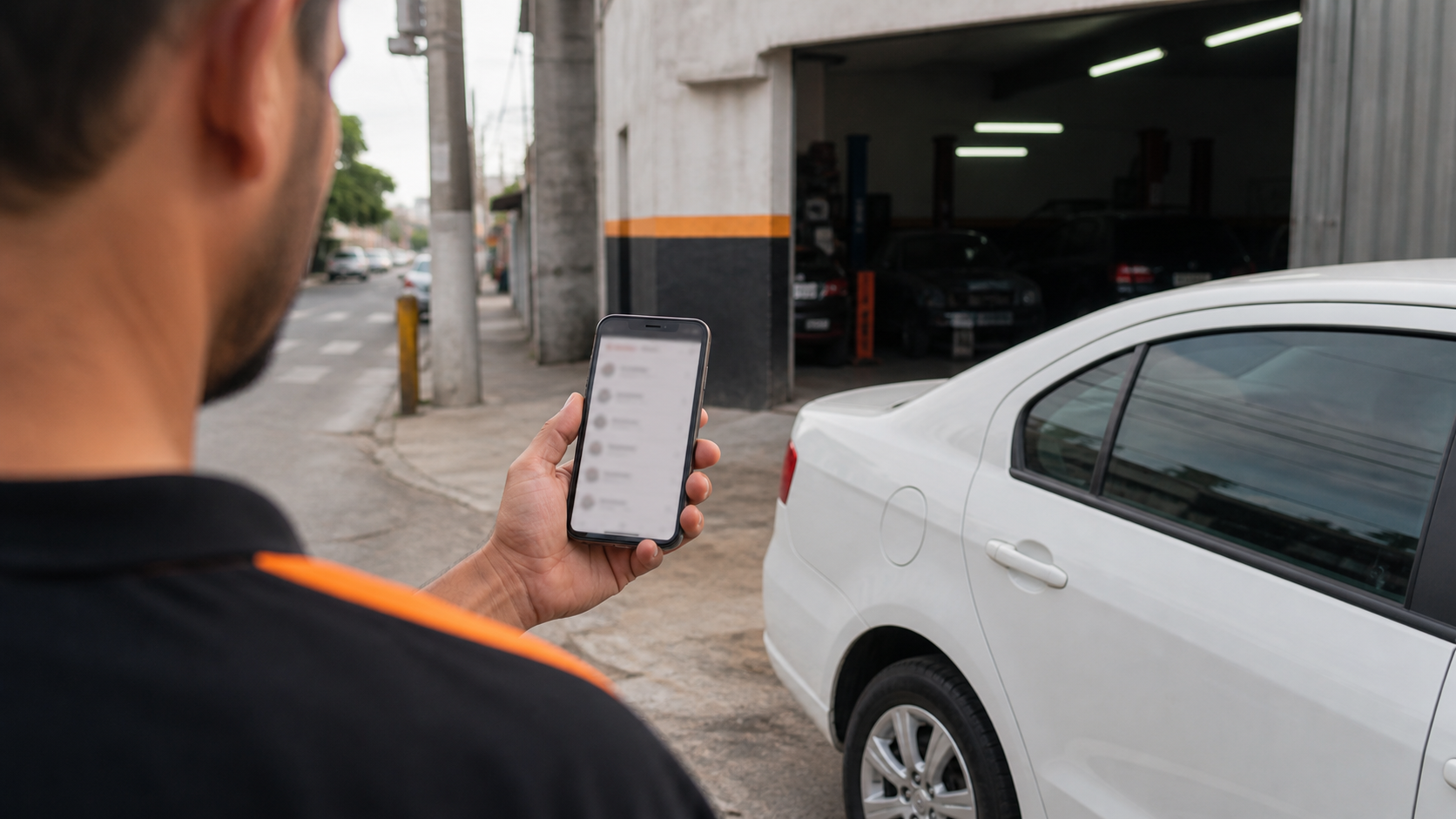 Técnico avaliando uma porta de carro em oficina de reparo