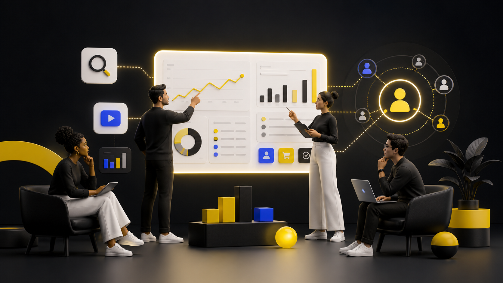 Equipe de marketing analisando público, campanhas e resultados de tráfego pago