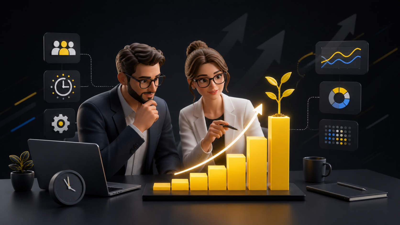 Especialistas em marketing analisando uma curva de crescimento e otimização de campanhas