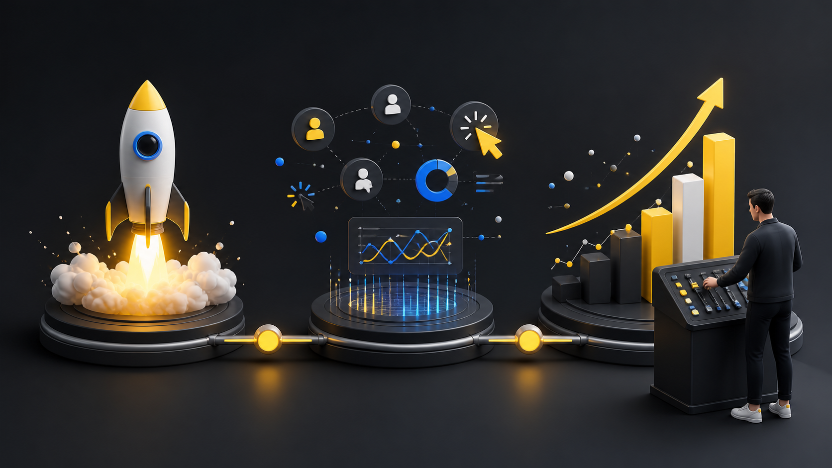 Linha do tempo visual mostrando lançamento, análise de dados e evolução dos resultados