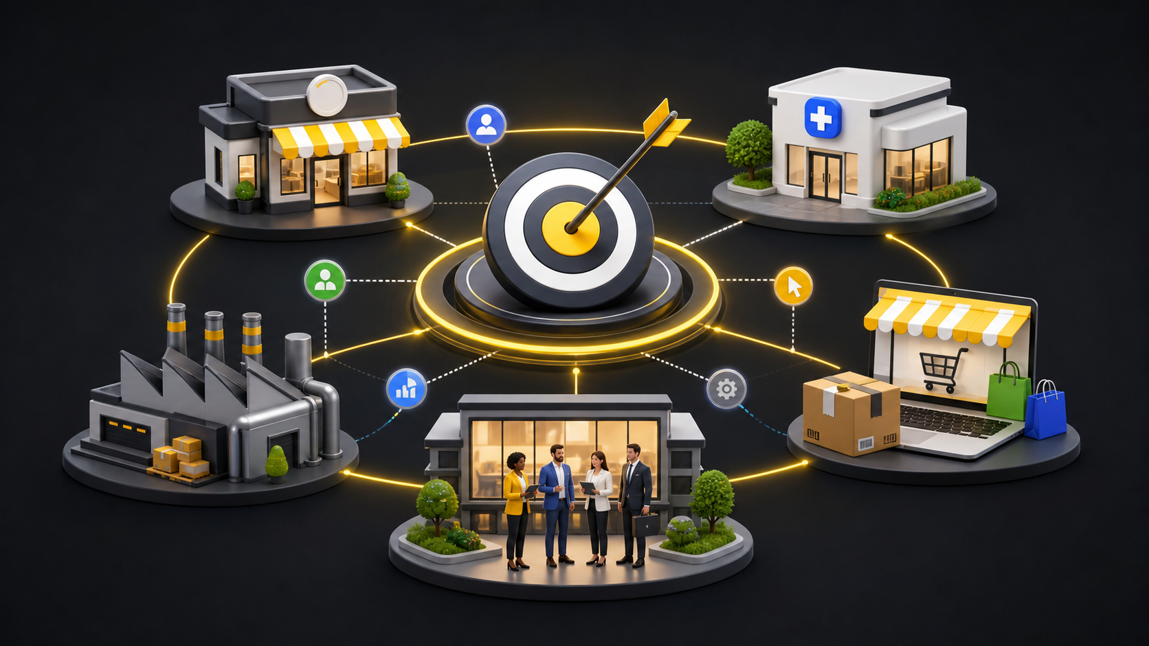 Representação de diferentes tipos de empresas conectadas a uma estratégia de tráfego pago