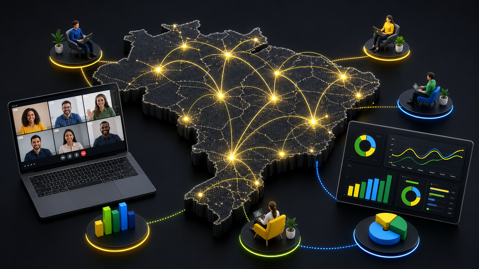 Equipe remota conectada a empresas de diferentes regiões do Brasil por campanhas digitais