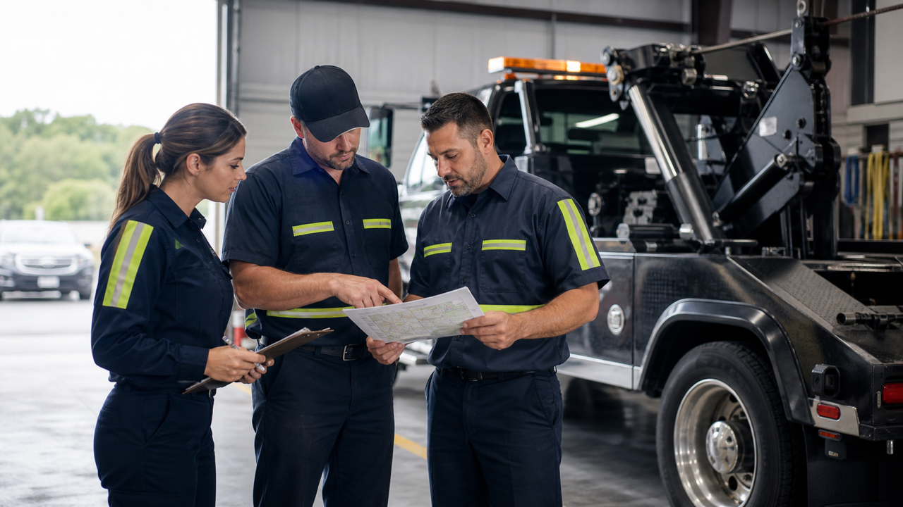 Equipe de guincho planejando ações de divulgação
