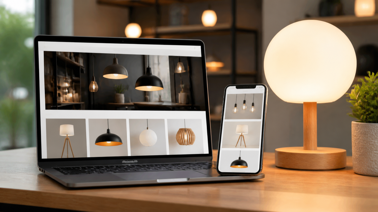 Showroom de iluminação contemporâneo com luminárias acesas