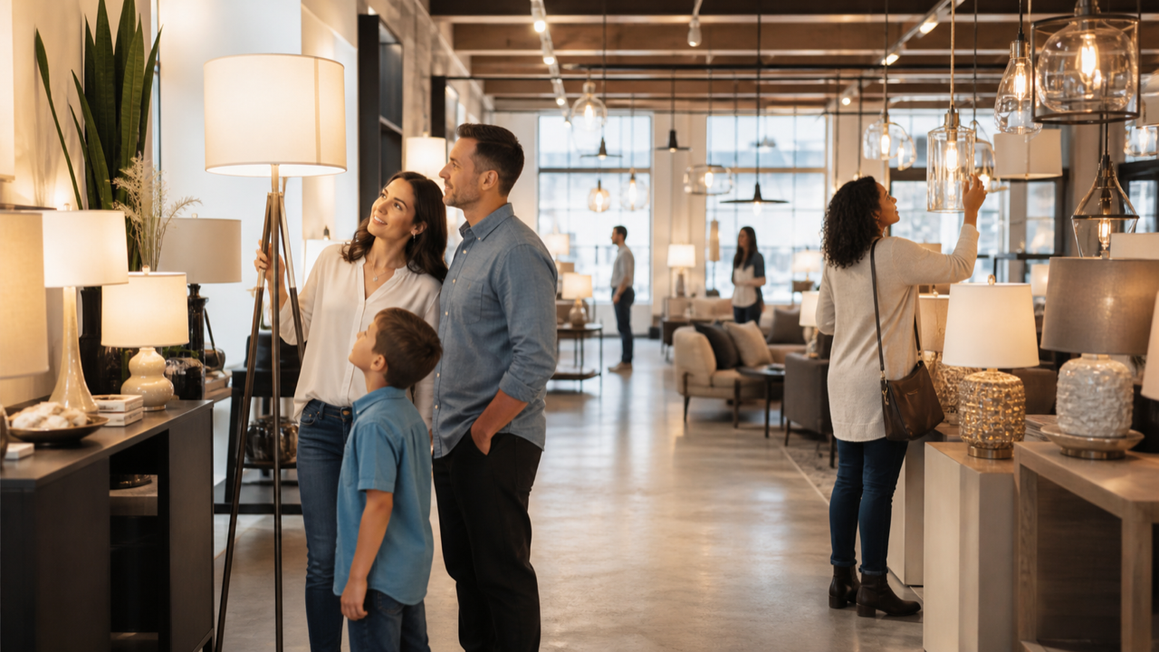 Clientes escolhendo luminárias em showroom acolhedor