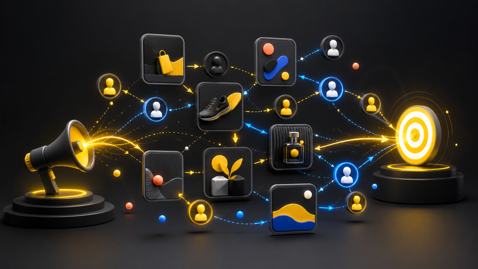 Ilustração de Meta Ads conectando conteúdo, público e campanhas