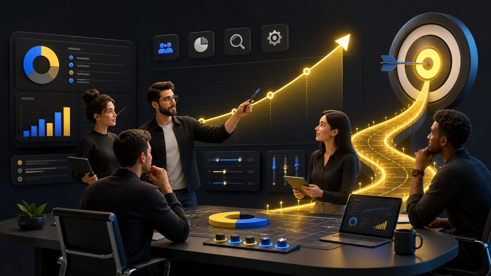 Ilustração do trabalho de uma agência de tráfego pago conectando estratégia, público e resultados