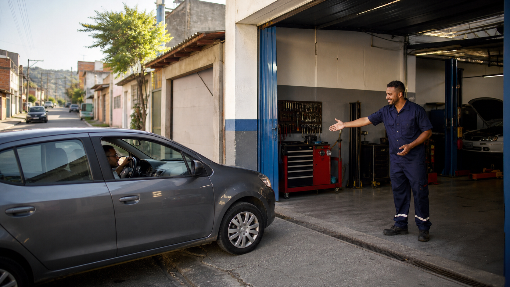 carro chegando a uma oficina mecânica de bairro