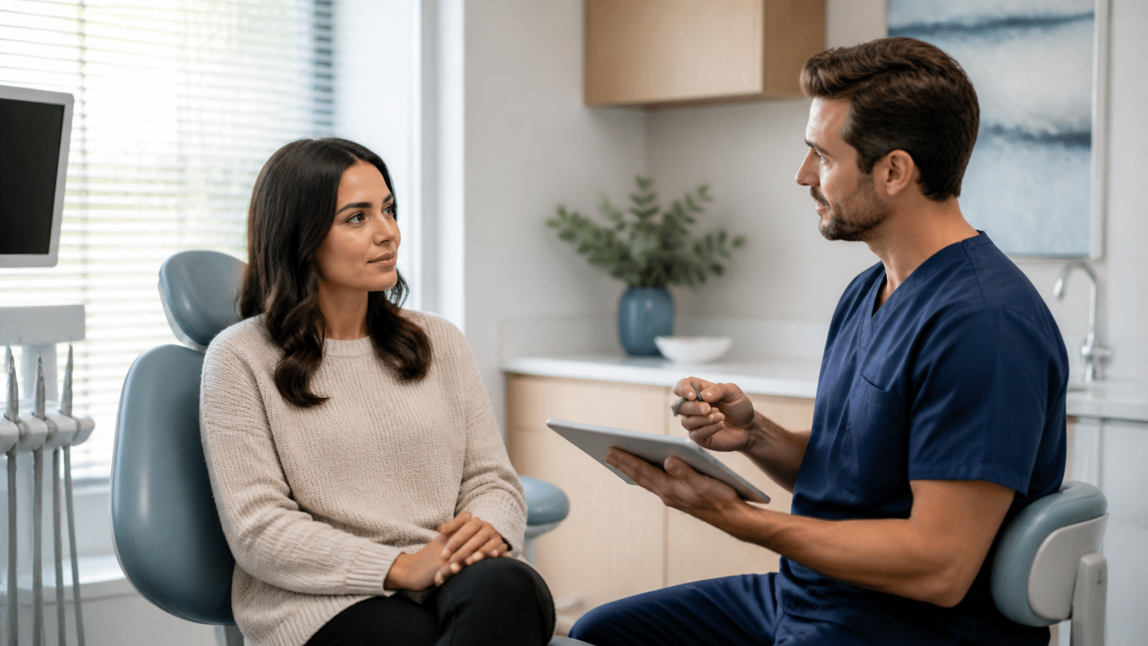 Paciente conversando com dentista em uma consulta de odontologia estética