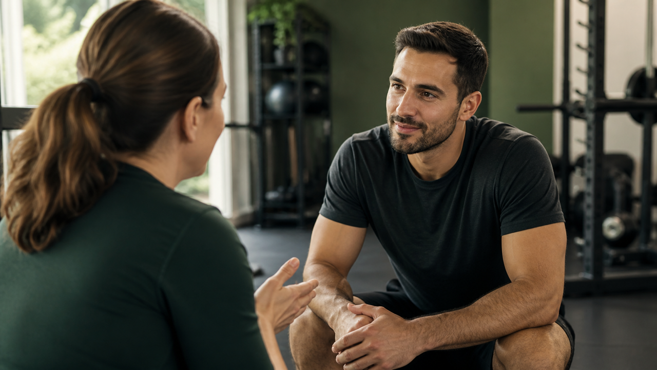 Personal trainer conversando com possível aluno
