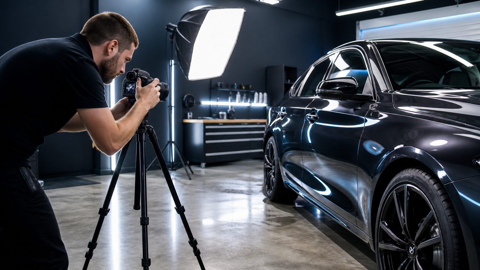 Profissional criando imagens para anúncio de estética automotiva