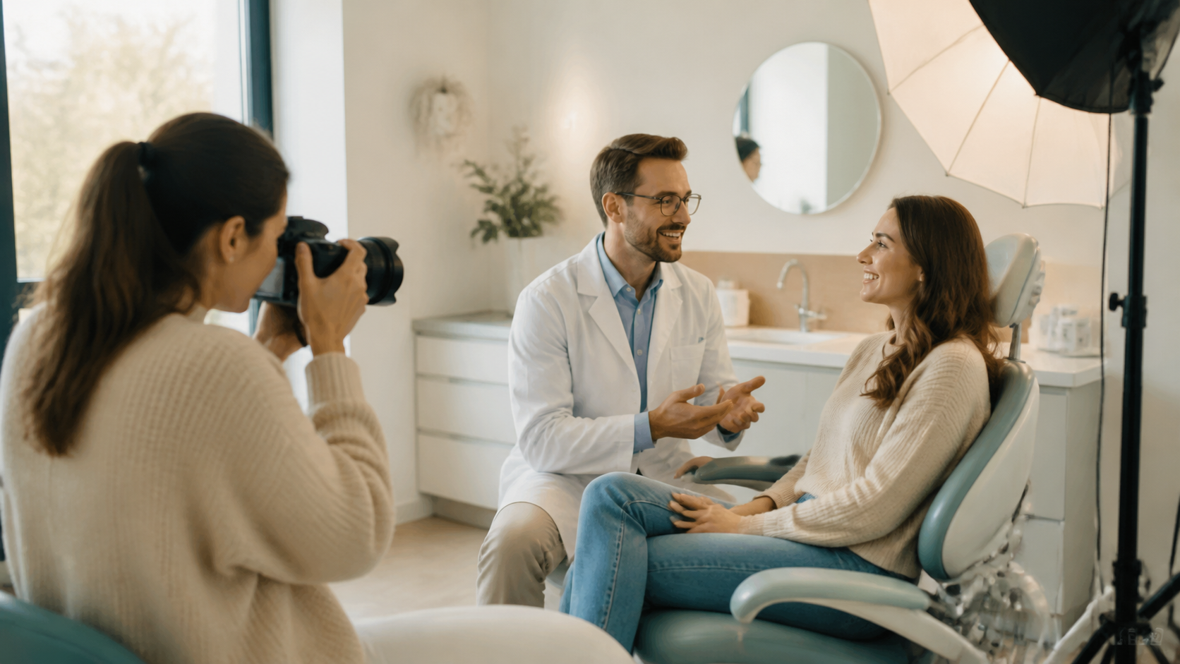Equipe produzindo uma fotografia para anúncio de uma clínica odontológica