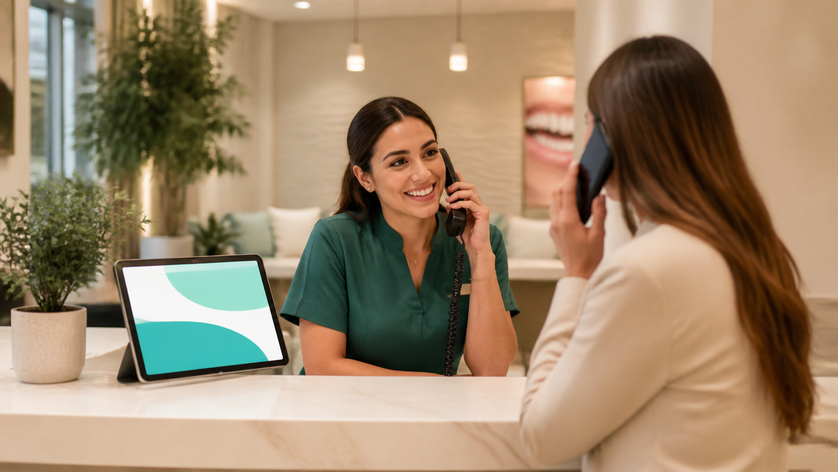 Recepcionista atendendo uma pessoa interessada em tratamento odontológico