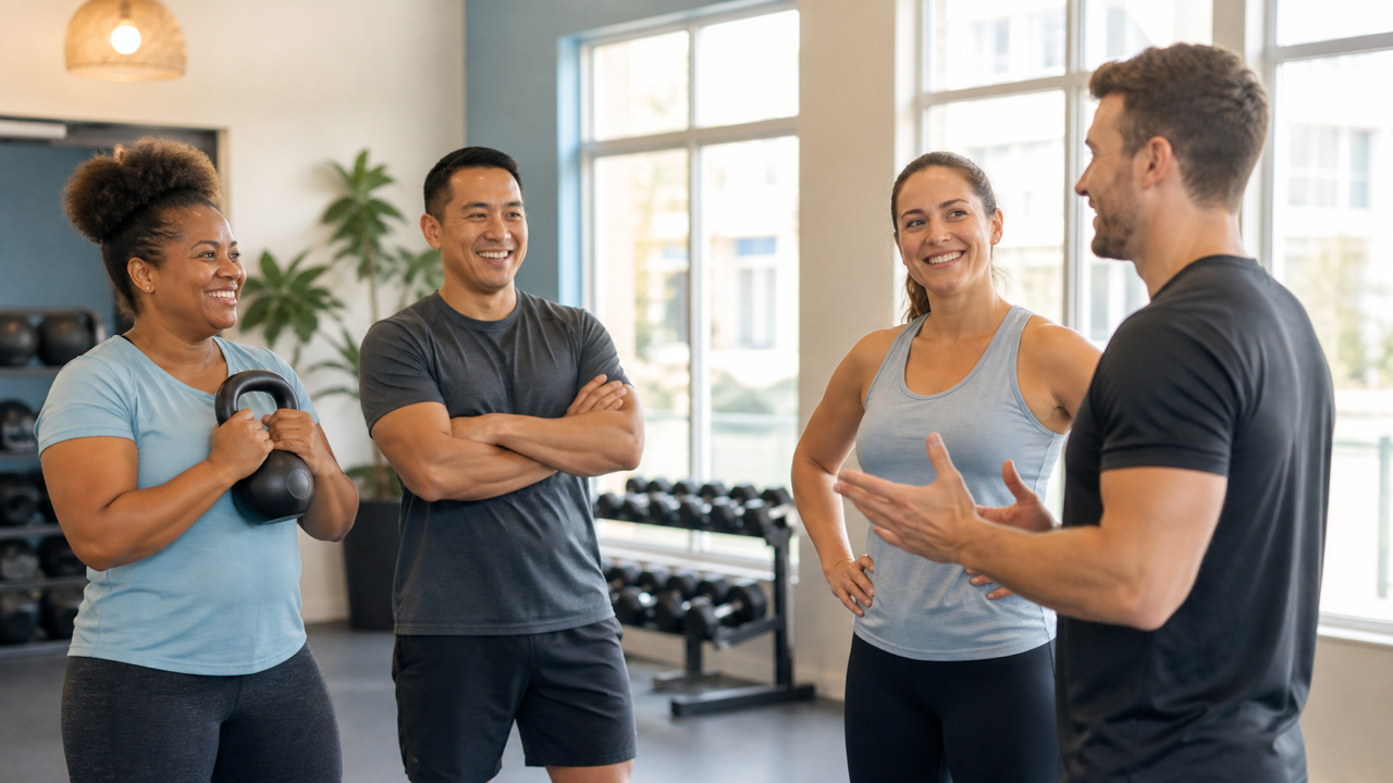 Grupo de alunos treinando com personal trainer