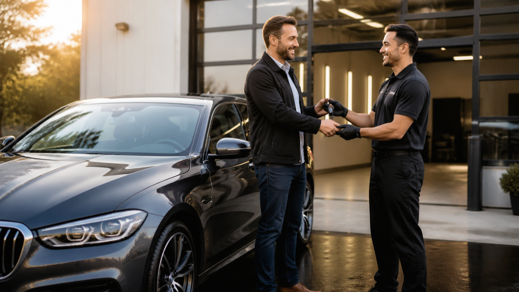 Equipe de estética automotiva revisando campanhas