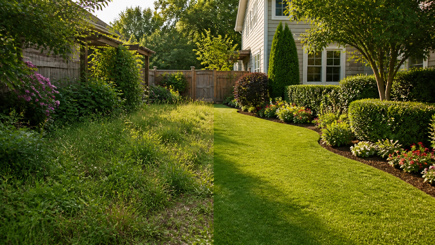 Comparação entre jardim sem manutenção e jardim cuidado