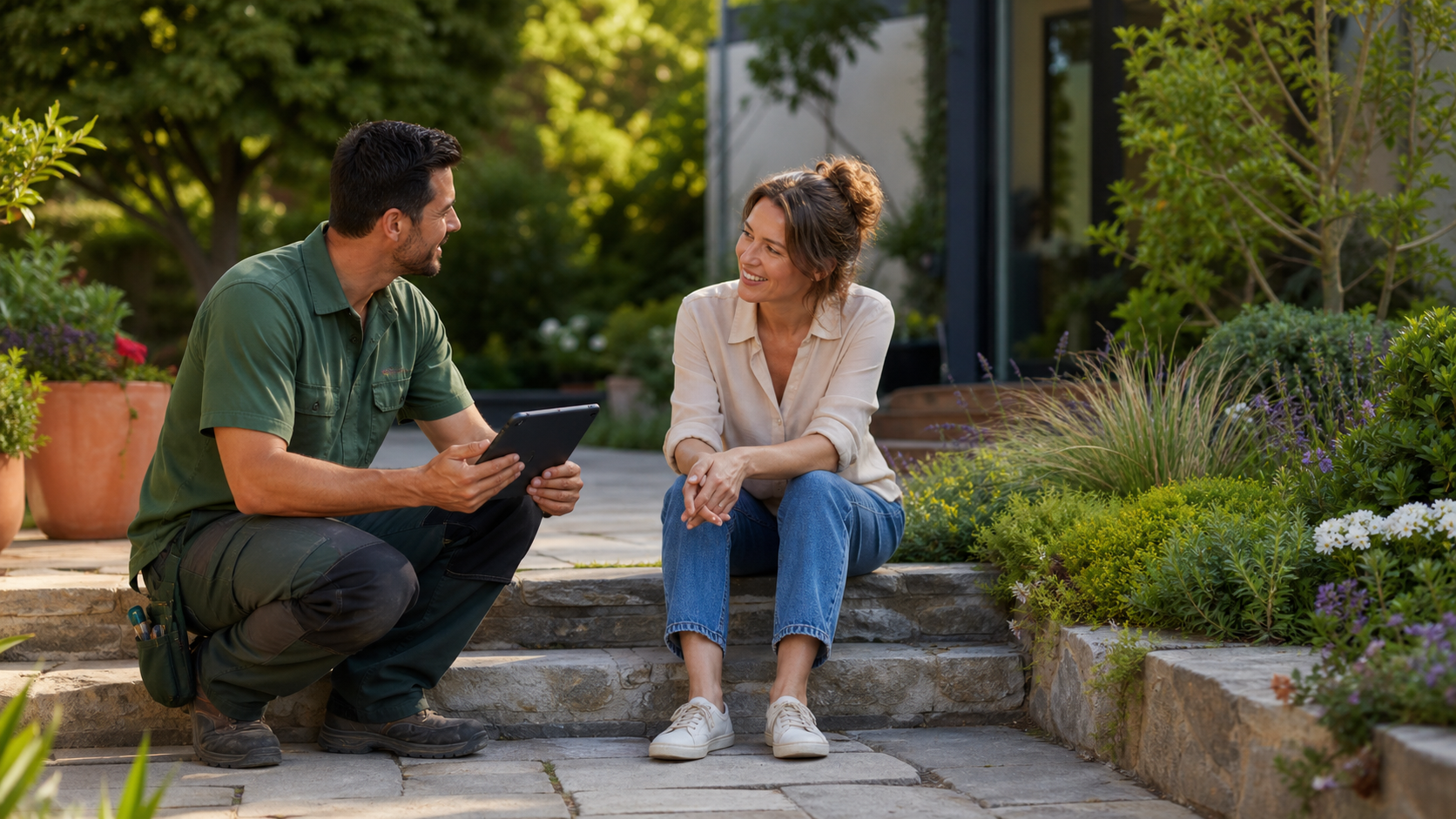 Profissional de jardinagem conversando com cliente