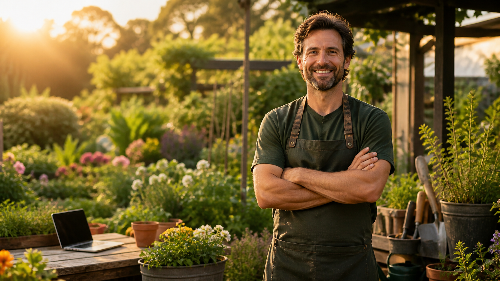 Empreendedor de jardinagem em um jardim bem cuidado
