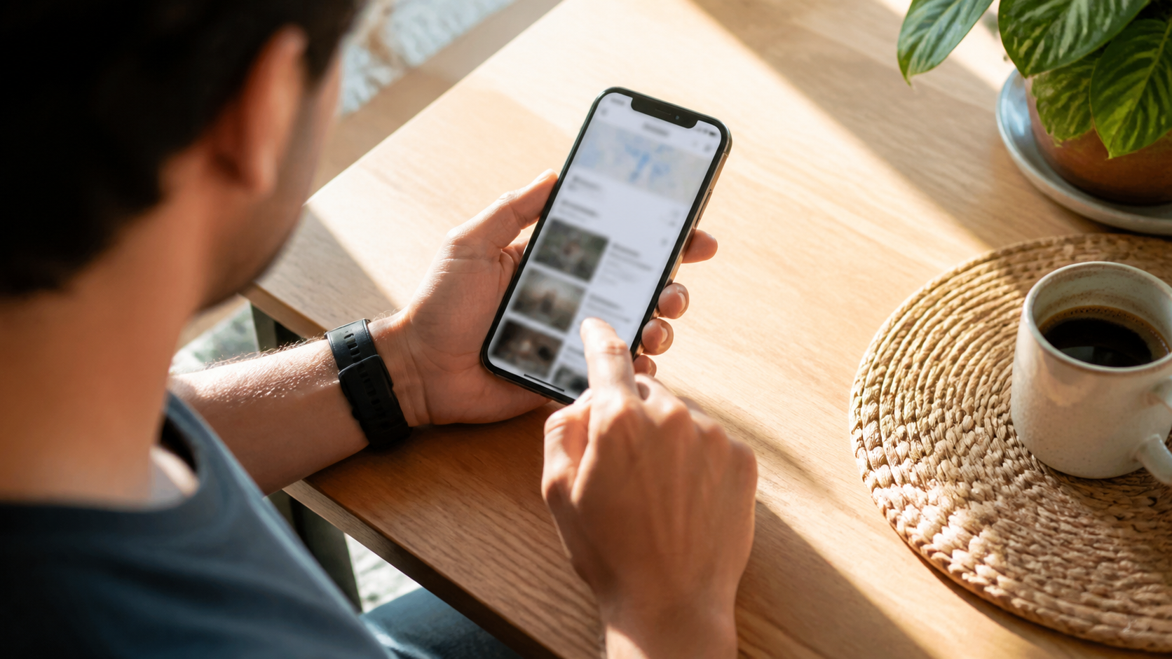 Pessoa pesquisando um serviço no celular durante o fim de semana