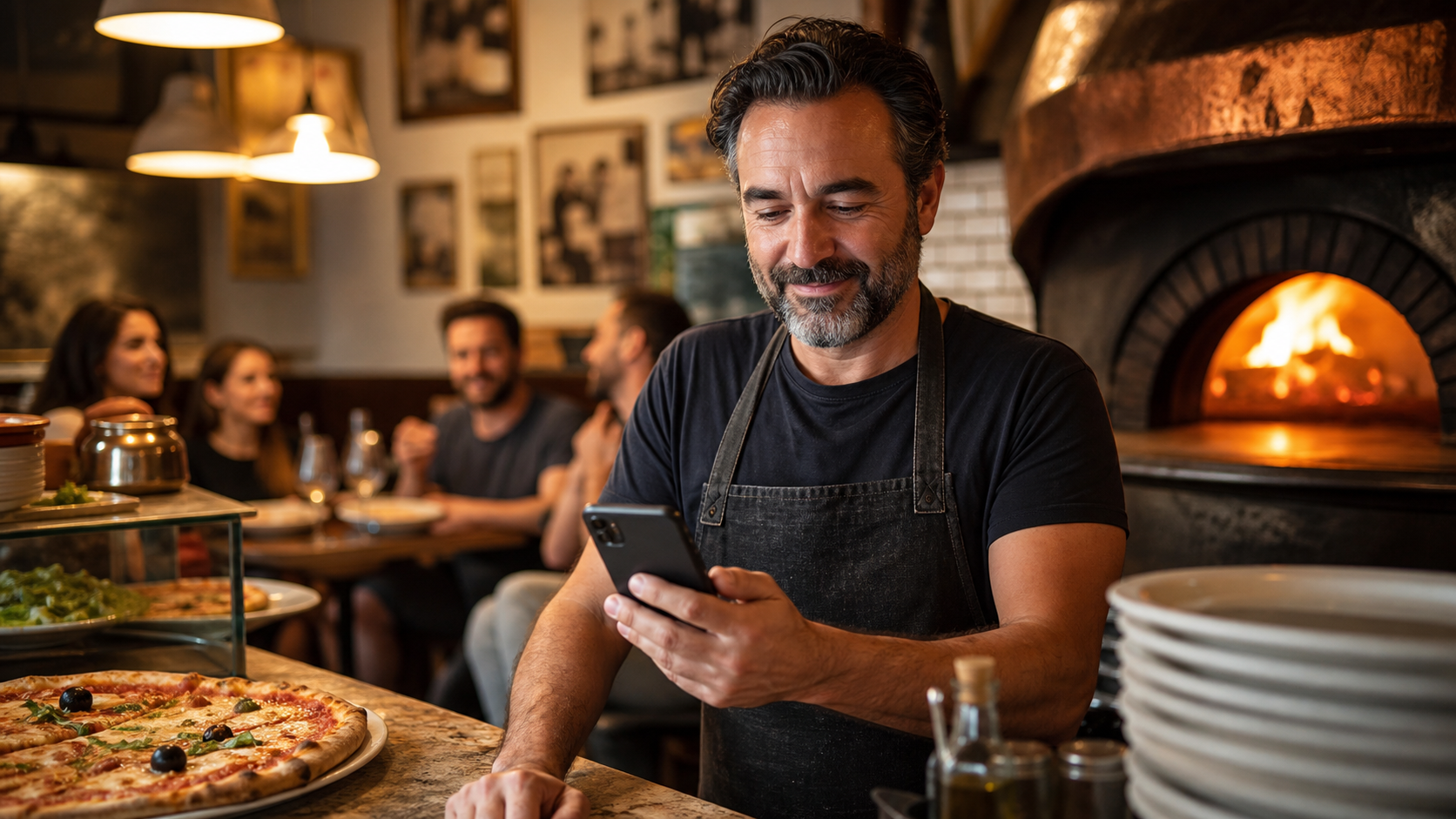 Proprietário de pizzaria acompanhando pedidos no celular